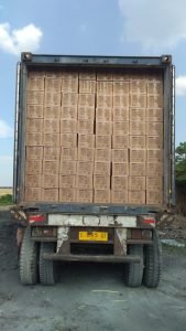 Shipping container loaded with cartons of binchotan charcoal